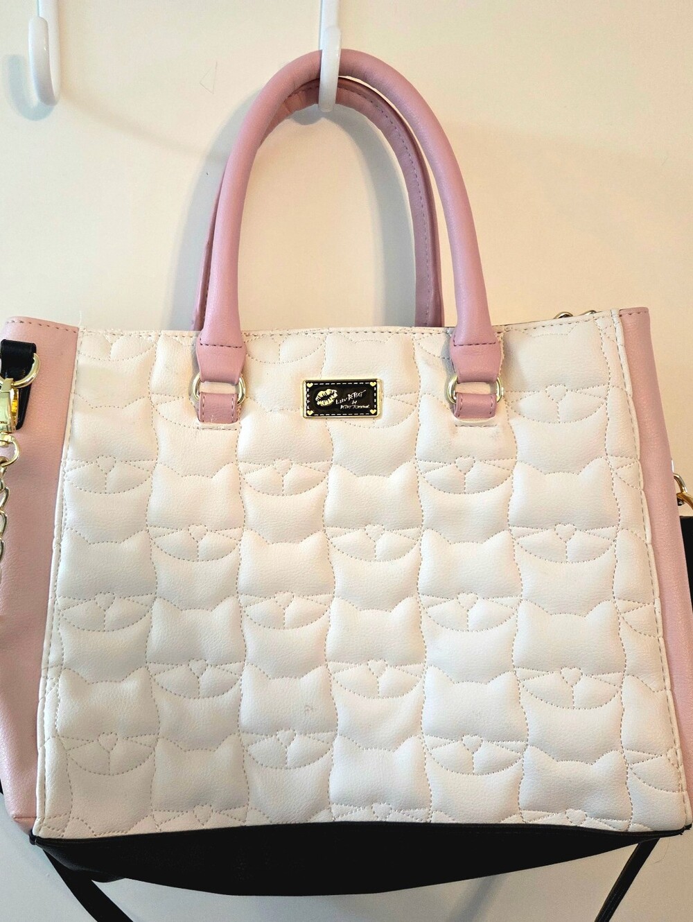 Betsey Johnson Luv Betsey Quilted Cat Tote Bag – Pink Black White Faux Leather